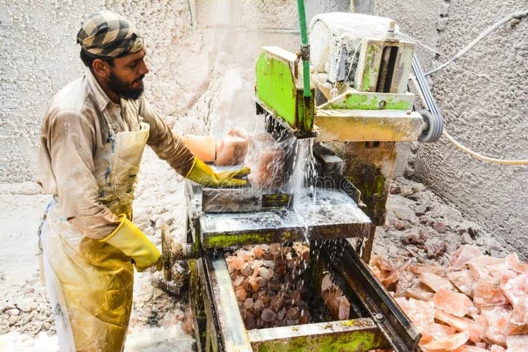 Man Cutting Rock Salt To Make Tiles Bricks Man Cutting Rock Salt To Make Tiles Bricks Natural Lamps Famous All Over at Khewra Salt Mine